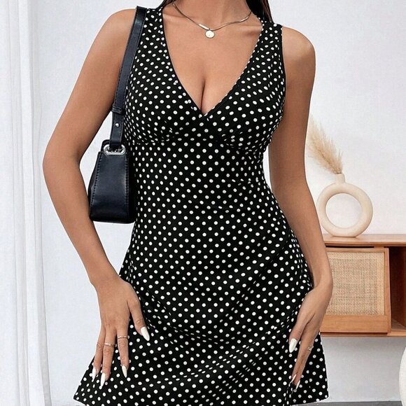 Black and White Casual Women's Polka Dot V-Neck Sleeveless Dress - Picture 2 of 6
